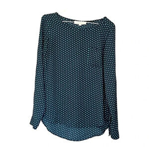 Ann Taylor Loft Long Sleeve Blouse, Navy with Teal Polka Dots, Size‎ XS